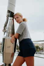 Women wearing navy chino deck shorts on a sailboat. Women's deck shorts. Yachtwear, workwear