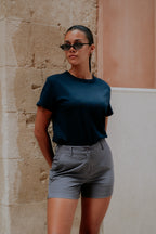 Women wearing grey chino deck shorts. Women's deck shorts. Yachtwear, workwear