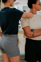 Women wearing grey chino deck shorts. Women's deck shorts. Yachtwear, workwear