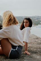 Woman wearing board shorts / running shorts. Yachtwear. Women's deck shorts.