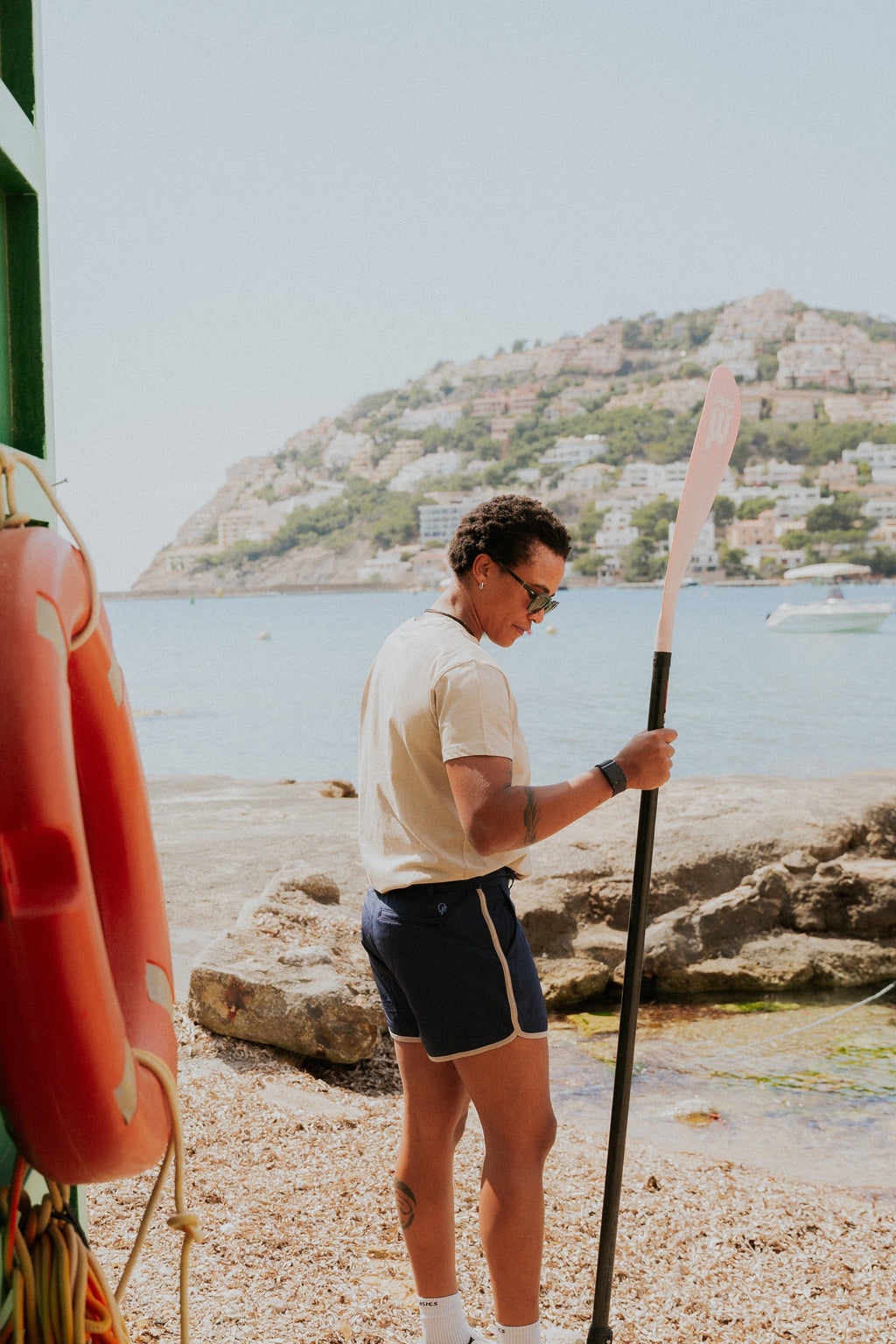 Woman wearing board shorts / running shorts. Yachtwear. Women's deck shorts.