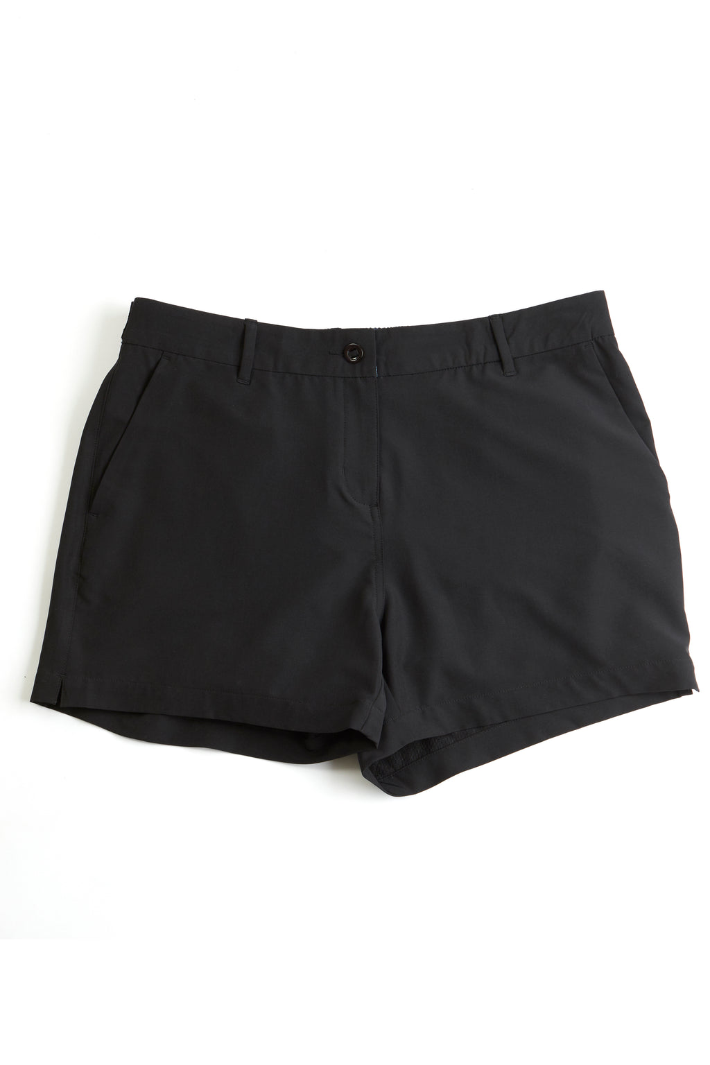 black chino shorts on a white background. Women's deck shorts. Yachtwear, workwear