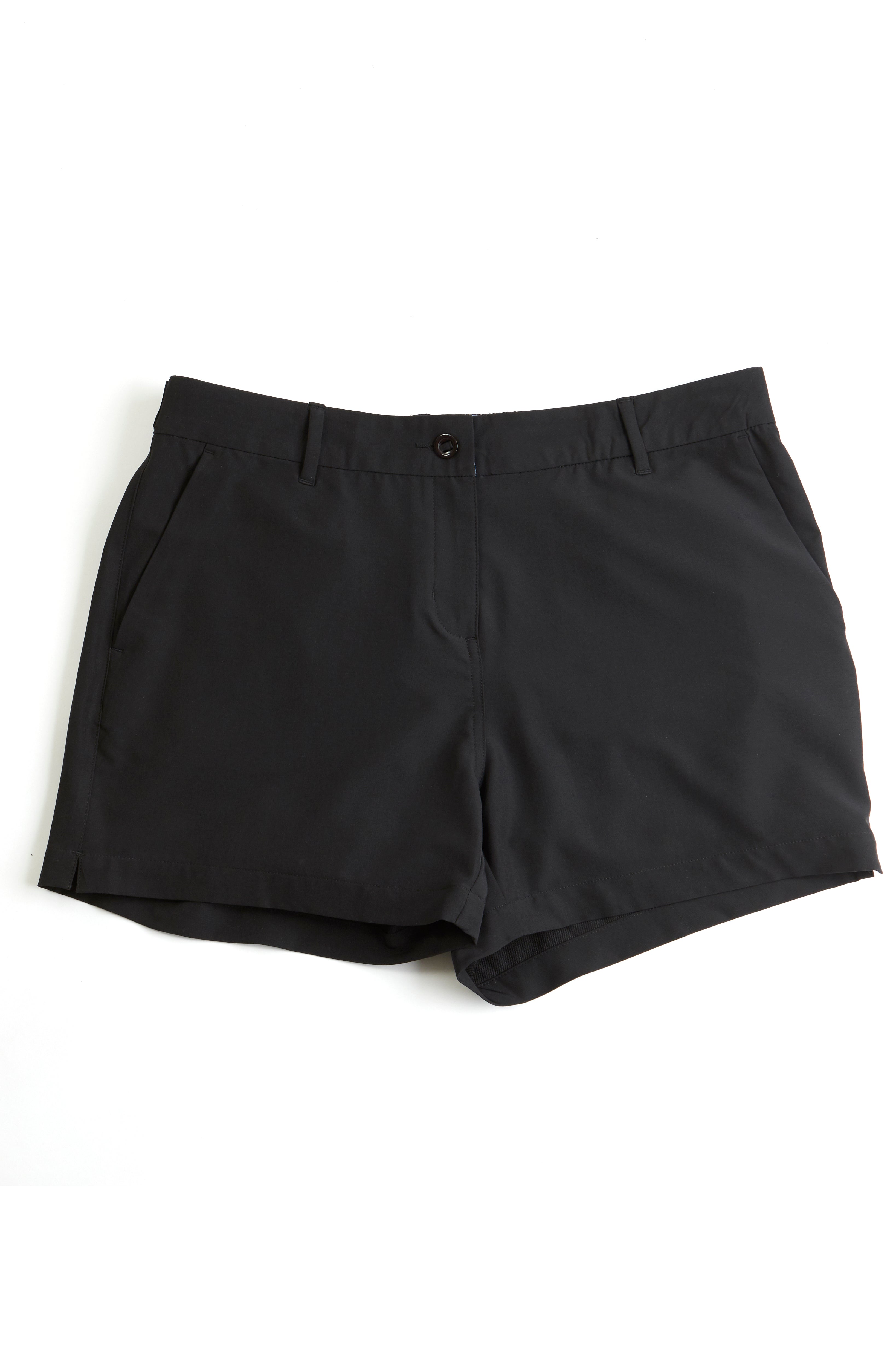 black chino shorts on a white background. Women's deck shorts. Yachtwear, workwear