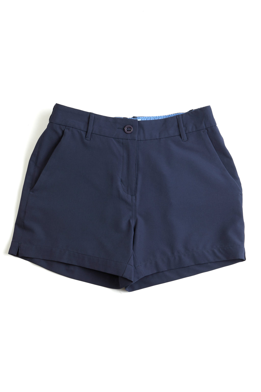 navy chino shorts on a white background. Women's deck shorts. Yachtwear, workwear