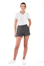 Women wearing grey chino deck shorts. Women's deck shorts. Yachtwear, workwear