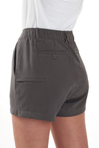 Women wearing grey chino deck shorts. Women's deck shorts. Yachtwear, workwear