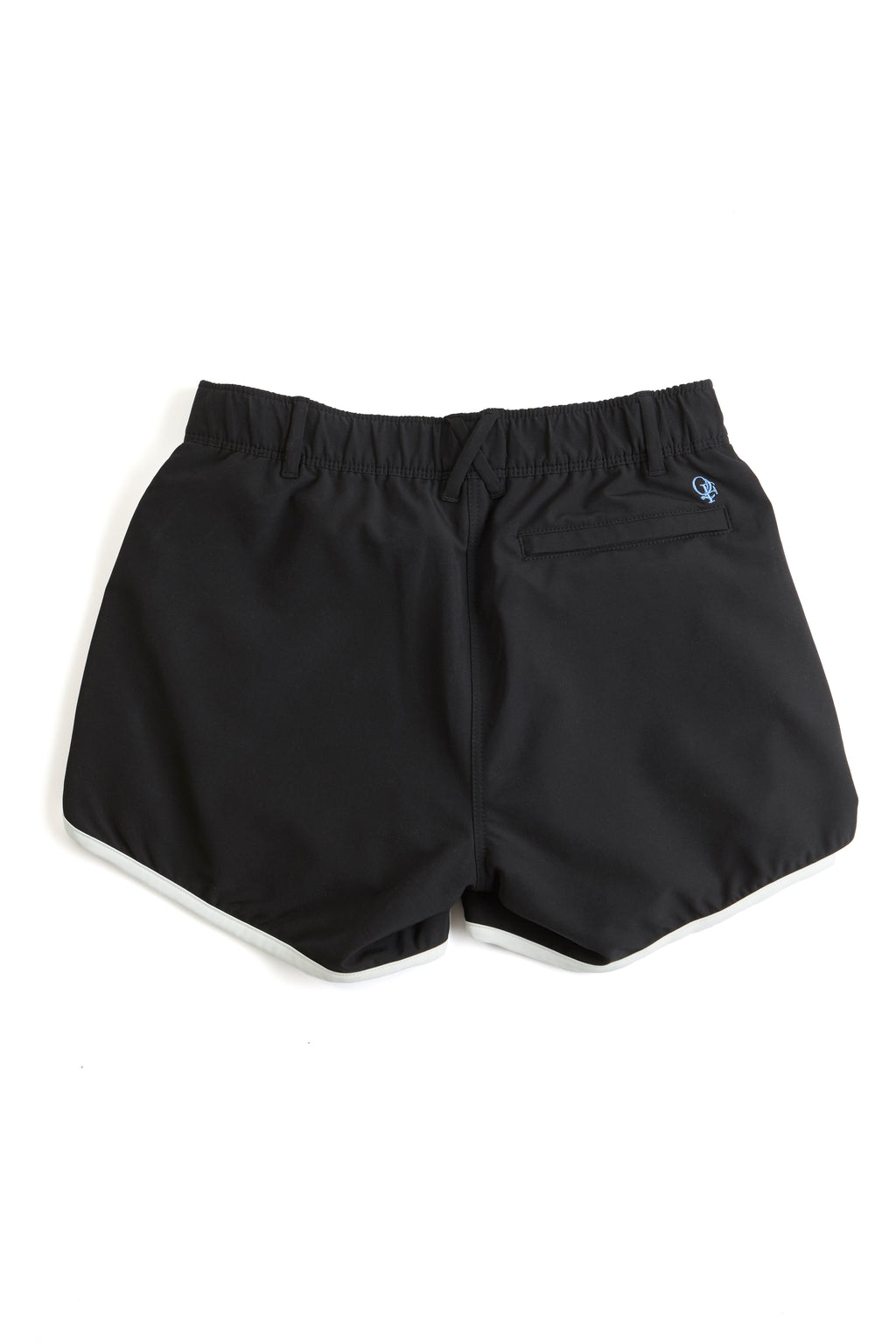 Black shorts with a brand logo on a white background. black shorts on a white background. Women's deck shorts. Yachtwear, workwear