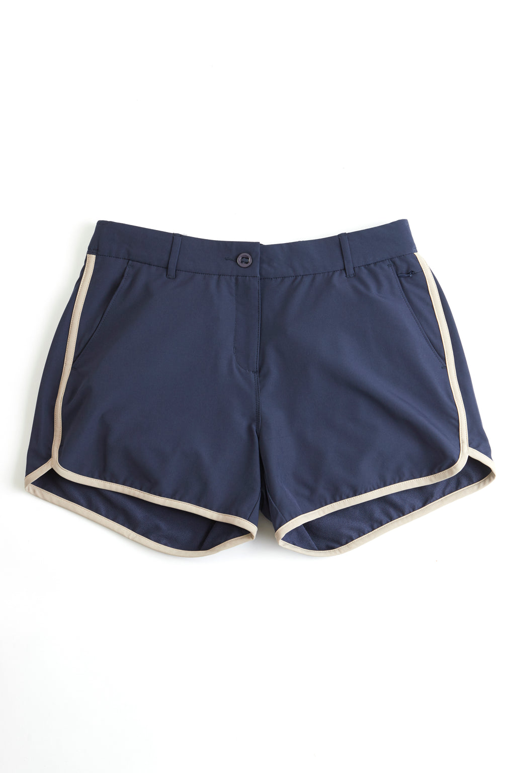 Navy shorts with white trim on a white background. Women's deck shorts. Yachtwear, workwear