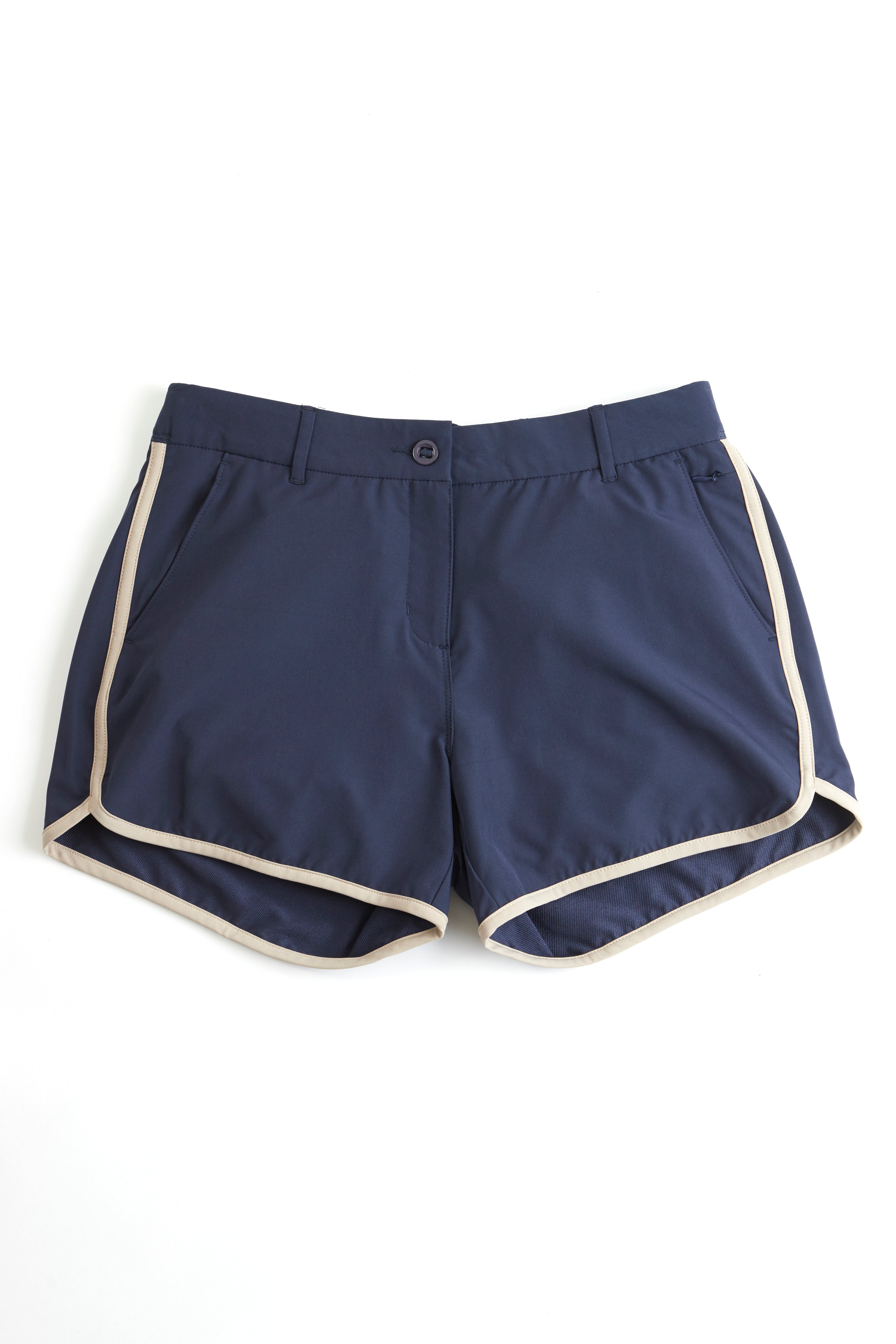 Navy shorts with white trim on a white background. Women's deck shorts. Yachtwear, workwear