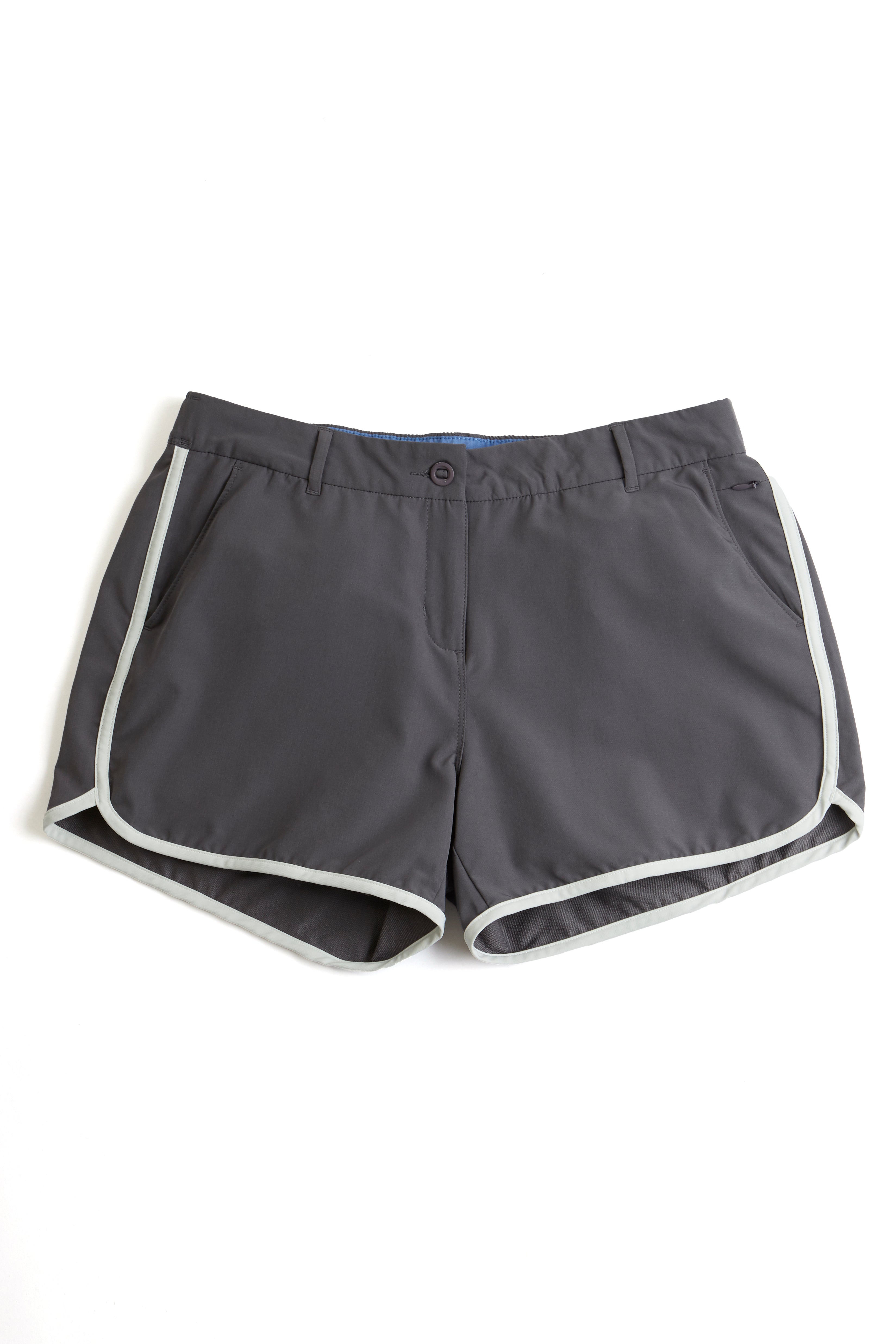 Gray shorts with white trim on a white background. gray shorts on a white background. Women's deck shorts. Yachtwear, workwear