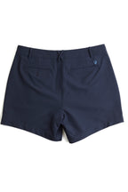 Navy blue chino shorts on a white background. Yachtwear. Women's Deck Shorts. 