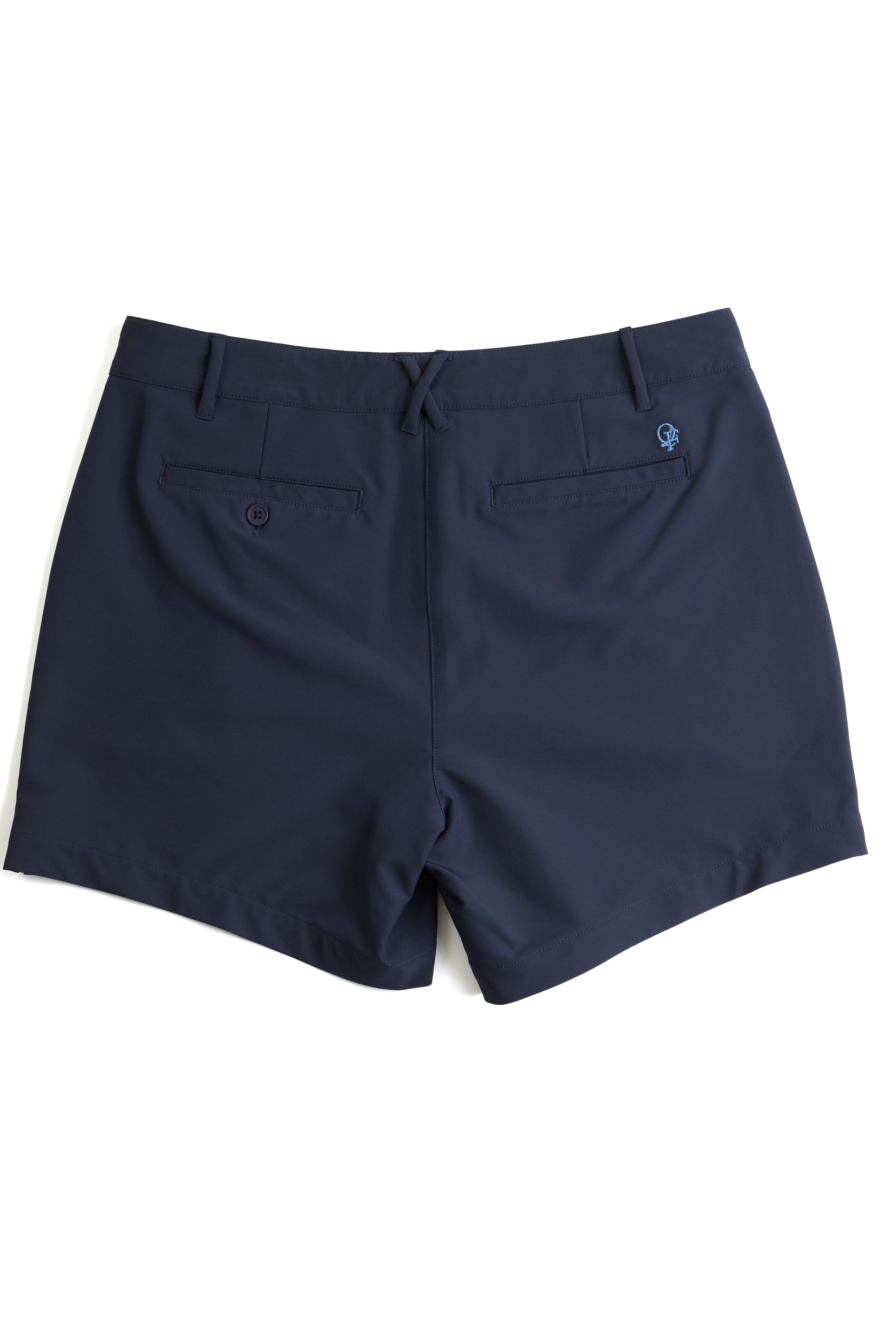 Navy blue chino shorts on a white background. Yachtwear. Women's Deck Shorts. 