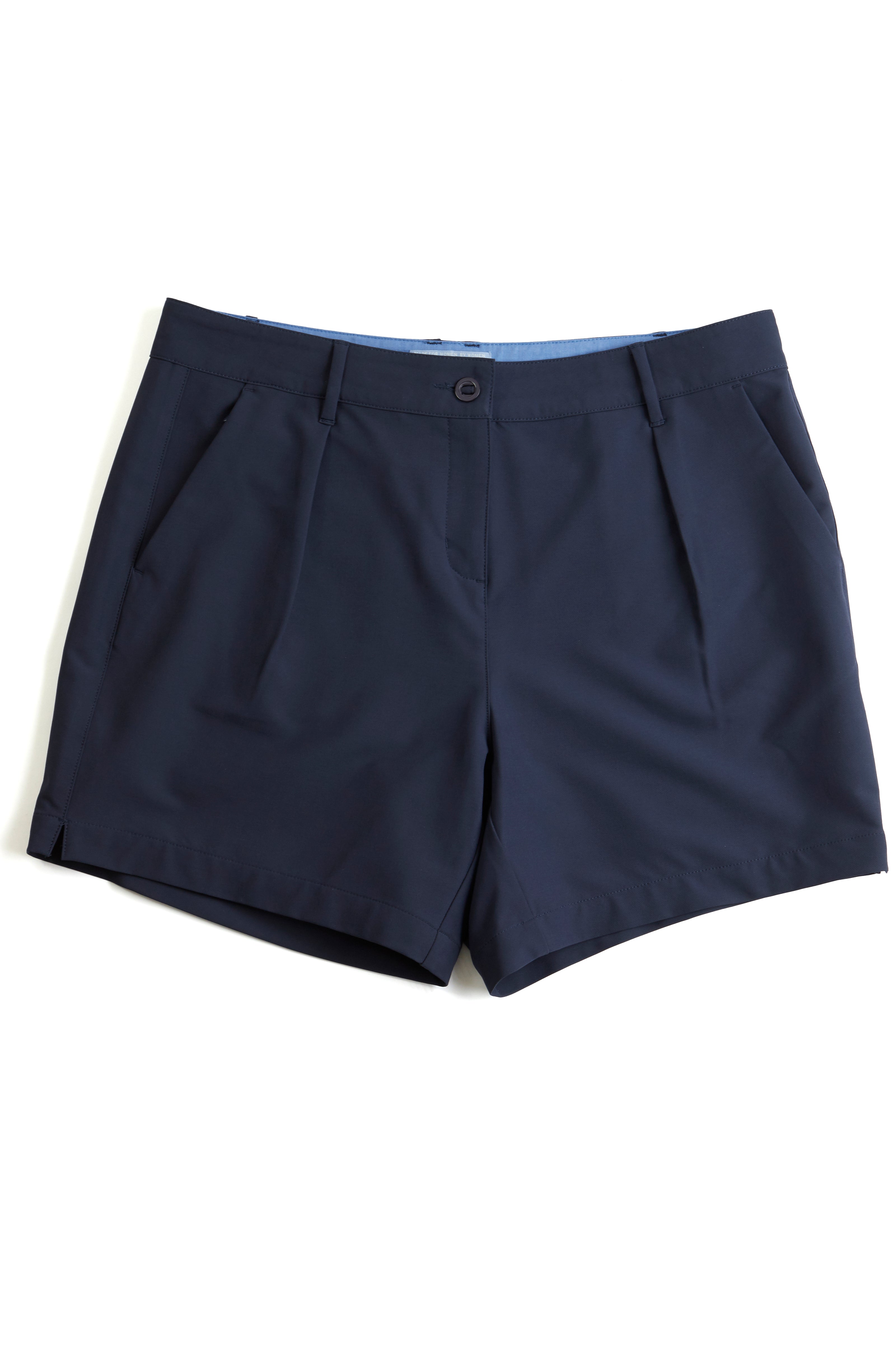 Navy blue chino shorts on a white background. Yachtwear. Women's deck shorts. 